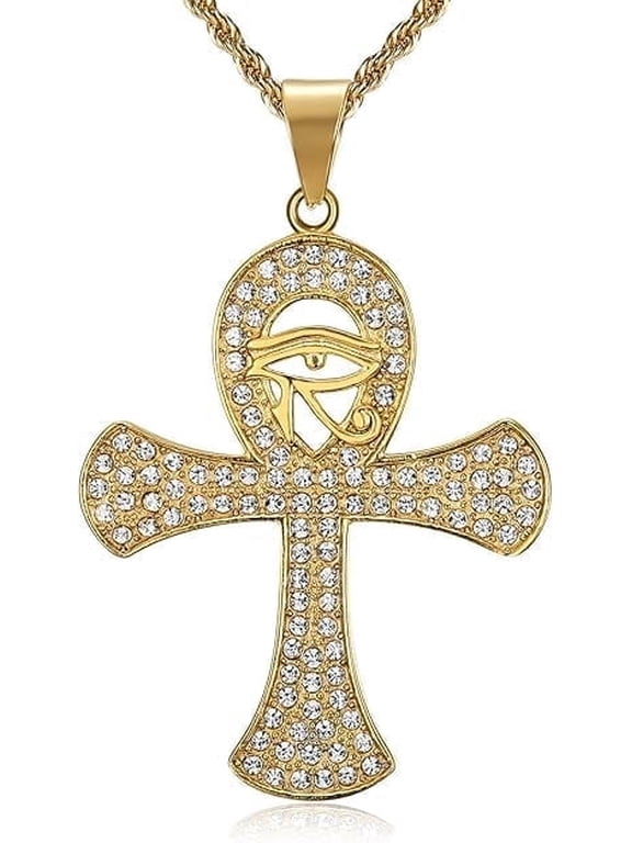 18K Gold Plated Eye of Horus Egyptian Coptic Ankh Cross Pendant 24'' Chain Egyptology Amulet Stainless Steel Necklace for Men Women