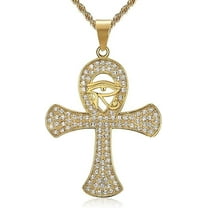 NEGS 18K Gold Plated Eye of Horus Egyptian Coptic Ankh Cross Pendant 24'' Chain Egyptology Amulet Stainless Steel Necklace for Men Women