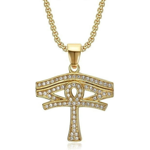 NEGS 18K Gold Plated Eye of Horus Egyptian Coptic Ankh Cross Pendant 24'' Chain Religious Stainless Steel Necklace for Men Women
