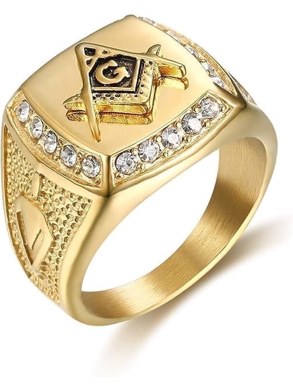 18K Gold Plated Freemason Masonic Hip Hop Rock Stainless Steel Ring for Men