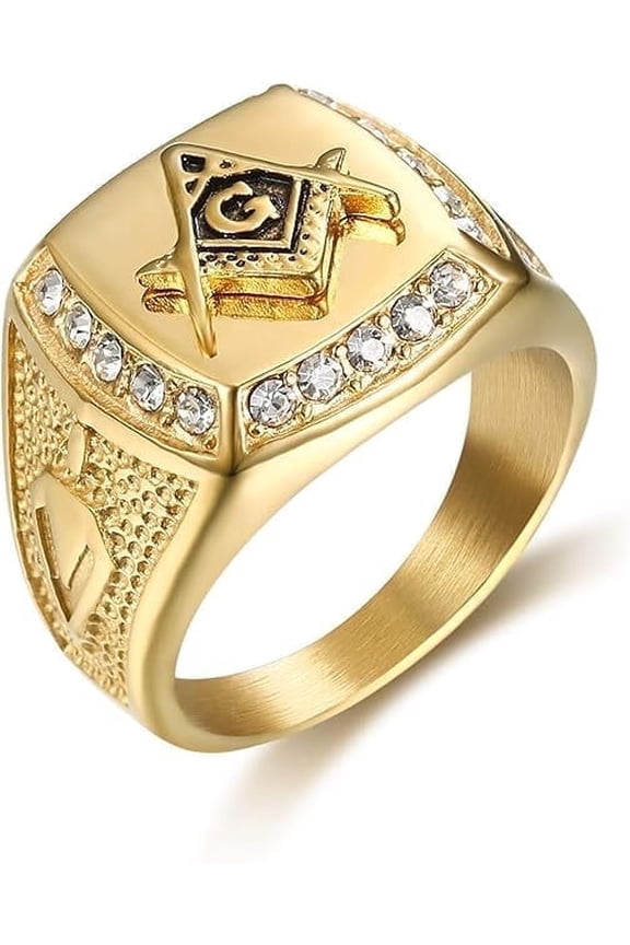 18K Gold Plated Freemason Masonic Hip Hop Rock Stainless Steel Ring for Men