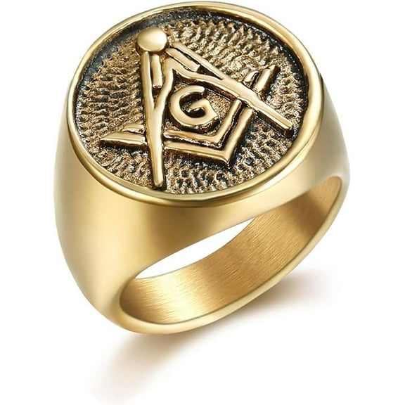 NEGS 18K Gold Plated Freemason Masonic Hip Hop Rock Stainless Steel Ring for Men