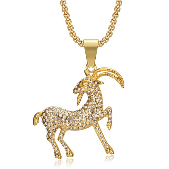 NEGS 18K Gold Plated Greatest of All Time Champ Goat Pendant 24'' Chain Winner Prize Trophy Award Stainless Steel Necklace for Men Women