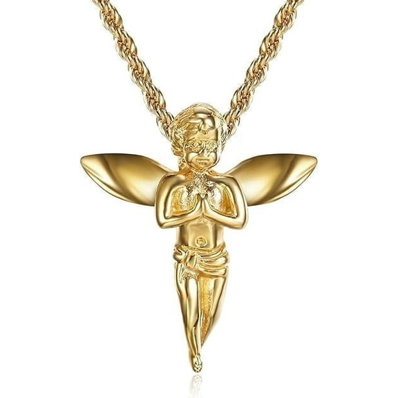 NEGS 18K Gold Plated Guardian Prayer Angel with Wings Charm Pendant 24'' Chain Amulet Stainless Steel Necklace for Men Women