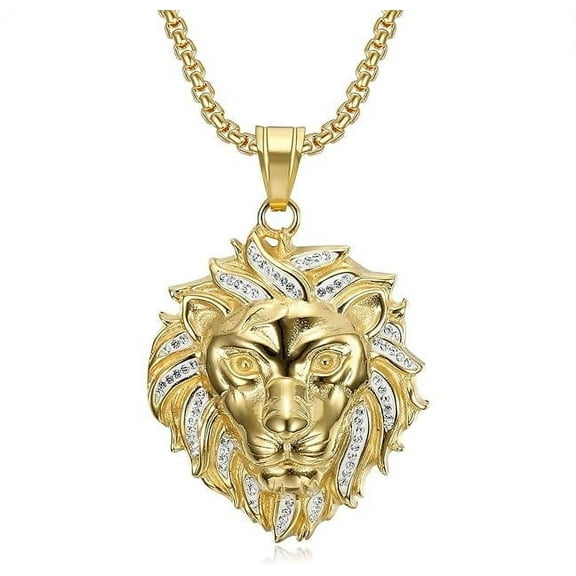 NEGS 18K Gold Plated Lion King Pendant 24'' Chain Hip Hop Rapper Stainless Steel Punk Viking Rock Necklace for Men Women