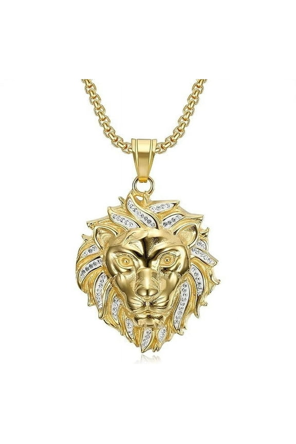 18K Gold Plated Lion King Pendant 24'' Chain Hip Hop Rapper Stainless Steel Punk Viking Rock Necklace for Men Women
