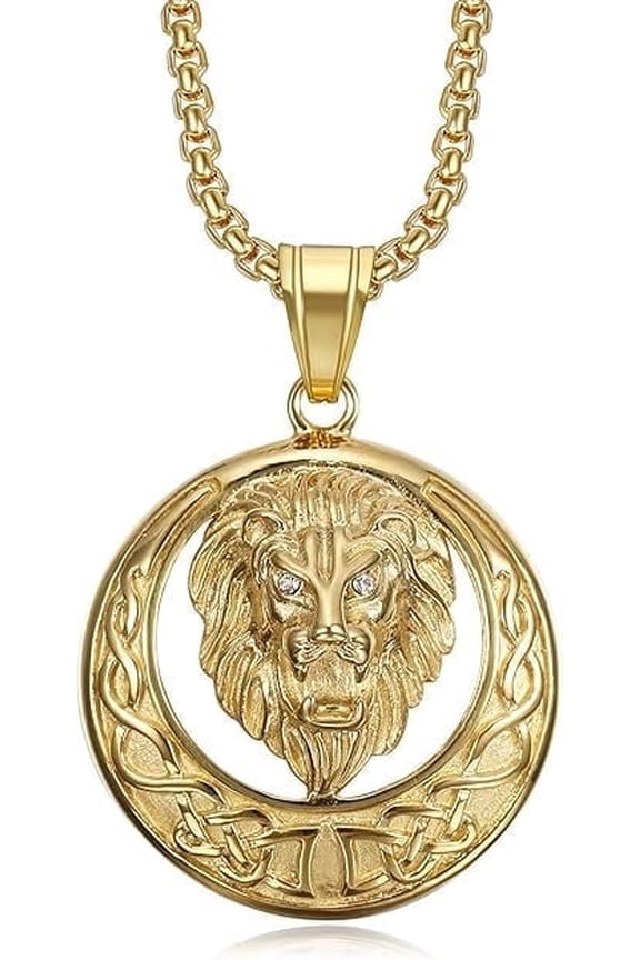 18K Gold Plated Lion King Pendant 24'' Chain Punk Rock Hip Hop Viking Stainless Steel Necklace for Men Women