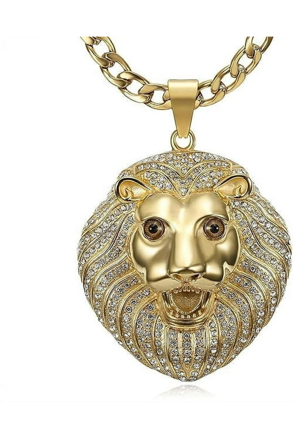 18K Gold Plated Lion King with Blood Red Tongue Pendant 24'' 7mm Punk Viking Rock Hip Hop Stainless Steel Necklace for Men-Super Big Size