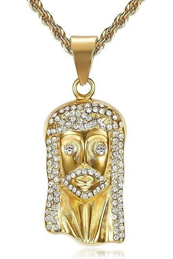 18K Gold Plated Lord Jesus Pendant 24'' Chain Baptism Christian Prayer Religious Stainless Steel Necklace for Men