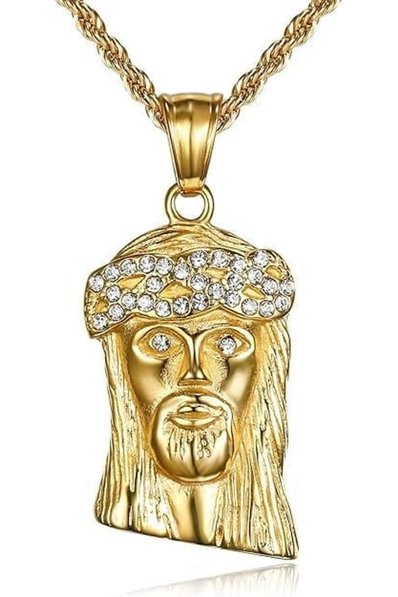 18K Gold Plated Lord Jesus Pendant 24'' Chain Baptism Christian Prayer Religious Stainless Steel Necklace for Men
