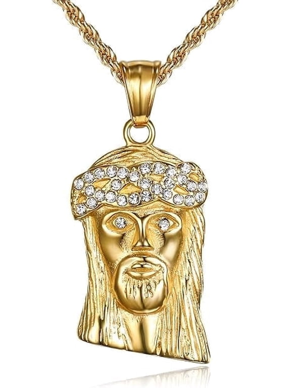 18K Gold Plated Lord Jesus Pendant 24'' Chain Baptism Christian Prayer Religious Stainless Steel Necklace for Men