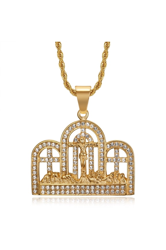 18K Gold Plated Lord's Supper Pendant 24'' Chain The Last Supper Jesus with His Disciples Christian Prayer Stainless Steel Necklace for Men Women