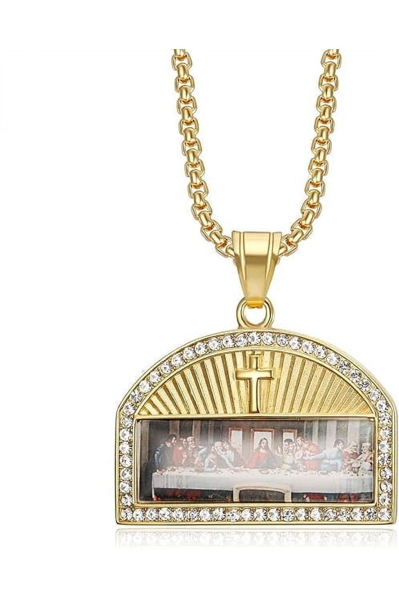 18K Gold Plated Lord's Supper Pendant 24'' Chain The Last Supper Jesus with His Disciples Christian Prayer Stainless Steel Necklace for Men Women