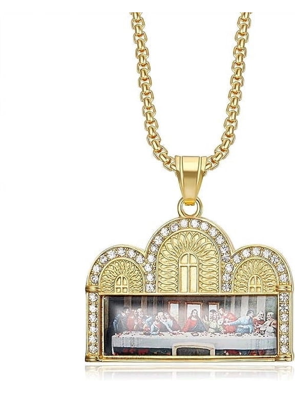 18K Gold Plated Lord's Supper Pendant 24'' Chain The Last Supper Jesus with His Disciples Christian Prayer Stainless Steel Necklace for Men Women