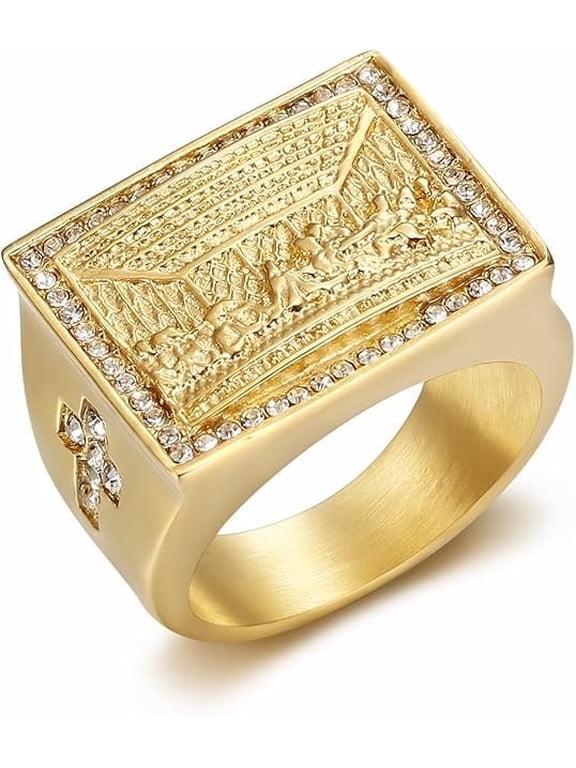 18K Gold Plated Lord's Supper Stainless Steel The Last Supper Jesus with His Disciples Christian Cross Prayer Ring for Men