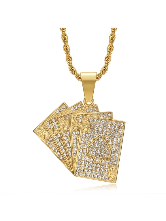 18K Gold Plated Poker Card Ace of Spade Pendant 24'' Chain Hip Hop Playing Cards Game Gambling Stainless Steel Necklace for Men