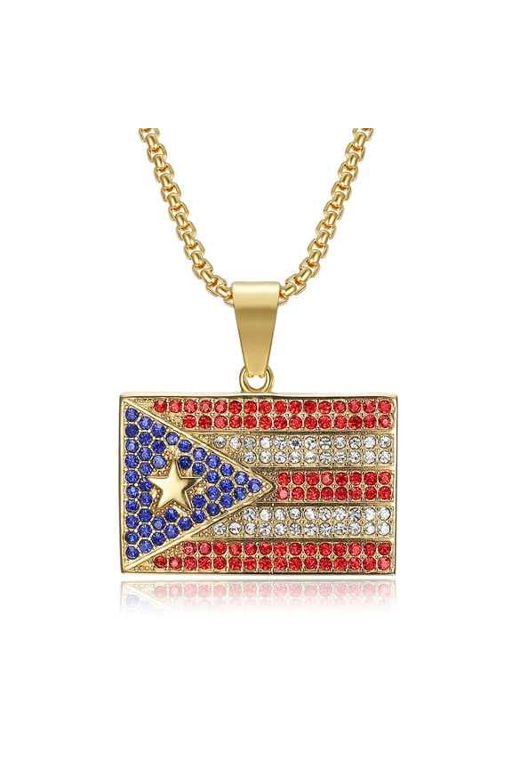 18K Gold Plated Puerto Rico Flag Pendant 24'' Chain Punk Rock Hip Hop Stainless Steel Necklace for Men Women