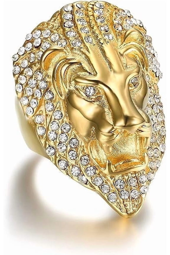 18K Gold Plated Roaring Lion King Stainless Steel Hip Hop Rock Punk Biker Leo Viking Animal Ring for Men