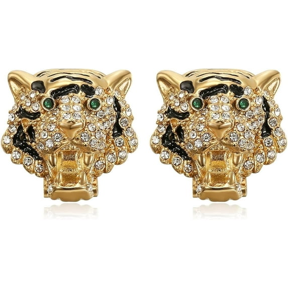 NEGS 18K Gold Plated Roaring Tiger Head with Green Eyes Stud Clip Hip Hop Rock Stainless Steel Earrings for Women Men