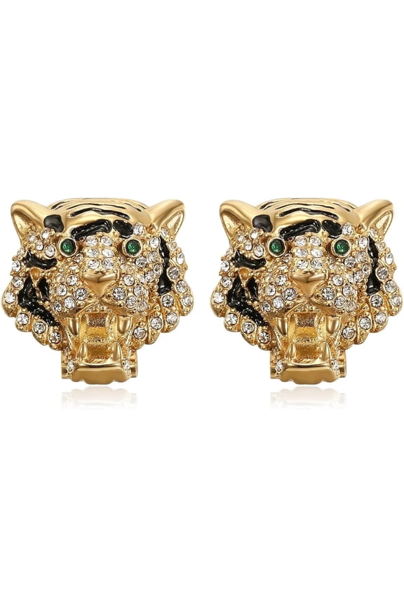 18K Gold Plated Roaring Tiger Head with Green Eyes Stud Clip Hip Hop Rock Stainless Steel Earrings for Women Men