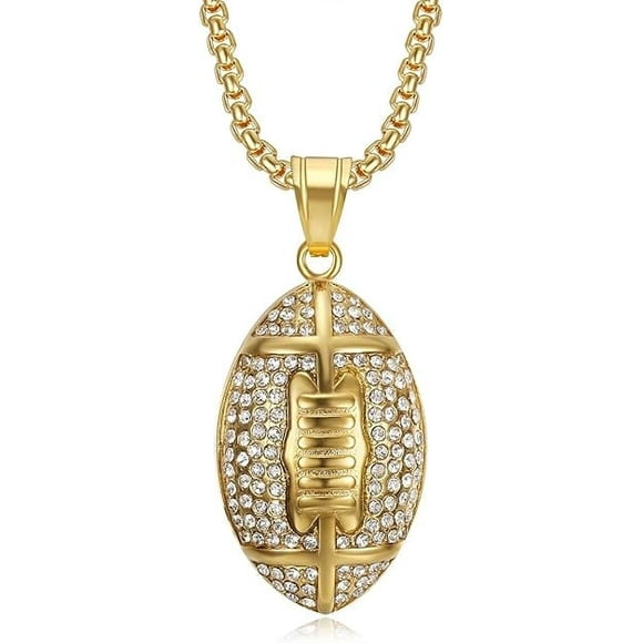 18K Gold Plated Rugby Ball Pendant 24'' Chain American Football Star Player Stainless Steel Necklace for Men Women Sports Fan