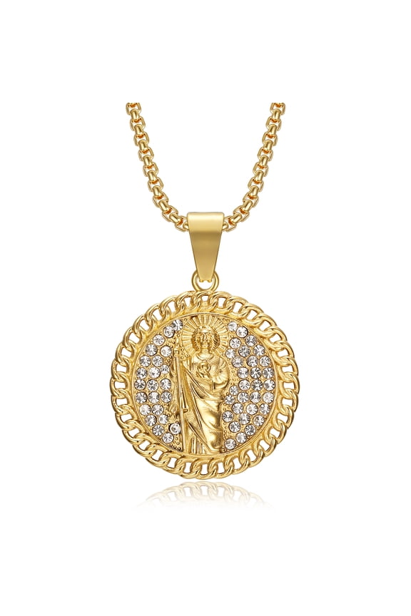 18K Gold Plated Saint Jude Pendant 24'' Chain San Judas Tadeo Medalla Cadena Oro Laminado Christian Prayer Stainless Steel Necklace