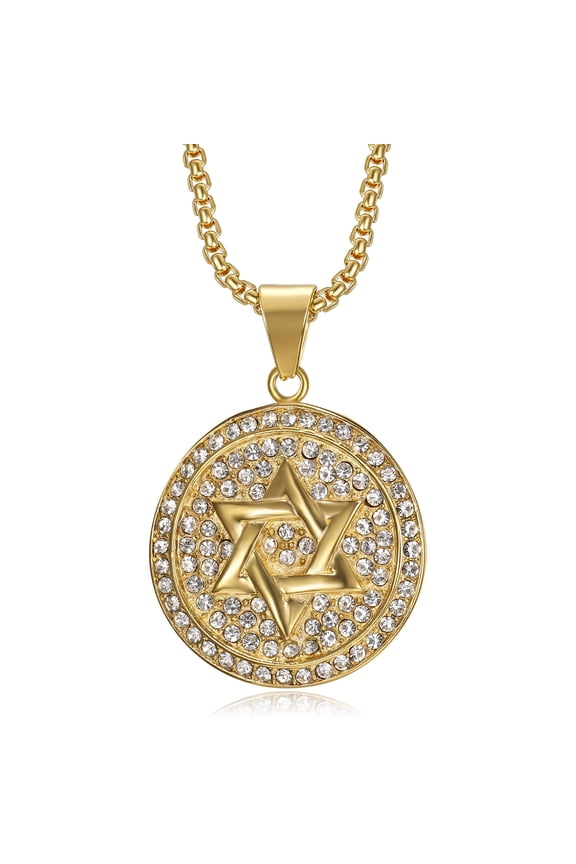 18K Gold Plated Six-pointed Star Pendant 24'' Chain Star of Magen David Jewish Isael Stainless Steel Necklace for Men