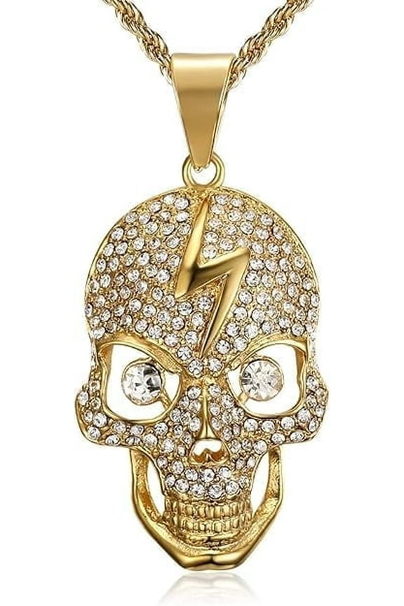 18K Gold Plated Skull Lightning Death Skeleton Pendant 24'' Chain Biker Stainless Steel Necklace for Men Women