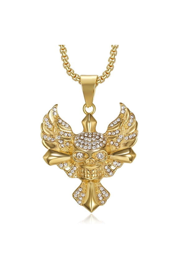 18K Gold Plated Skull Pendant 24'' Chain Biker Rock Hip Hop Punk Skeleton Stainless Steel Evil Demon Necklace for Men