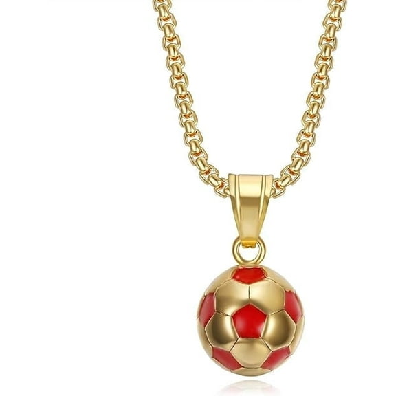 NEGS 18K Gold Plated Soccer Ball Charm Pendant 24'' Chain Football Star Soccer Player Stainless Steel Necklace for Men Women Sports Fan