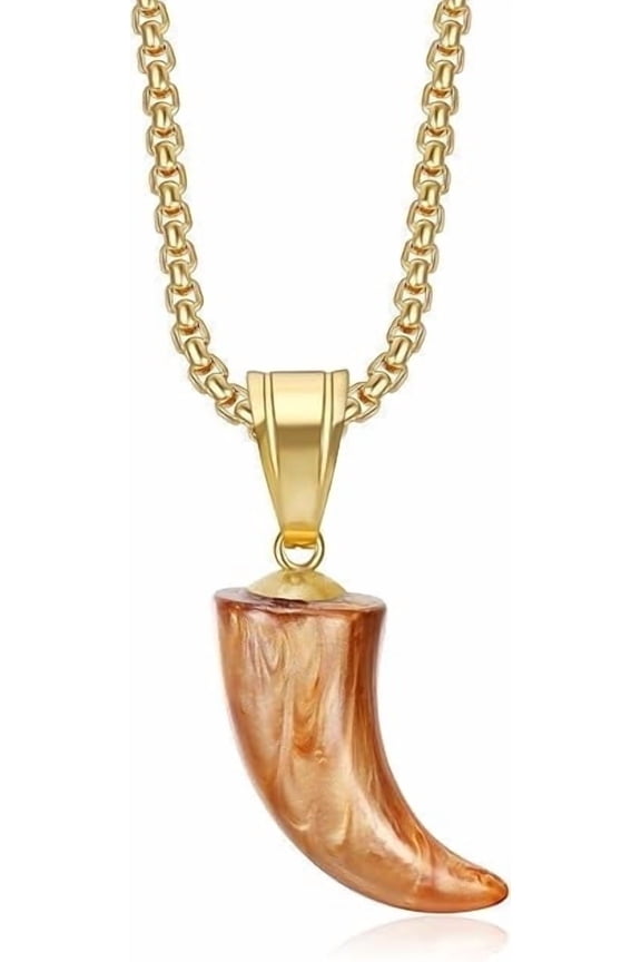 18K Gold Plated Tiger Tooth Amulet Pendant 24'' Chain Punk Rock Hip Hop Stainless Steel Necklace for Men Women