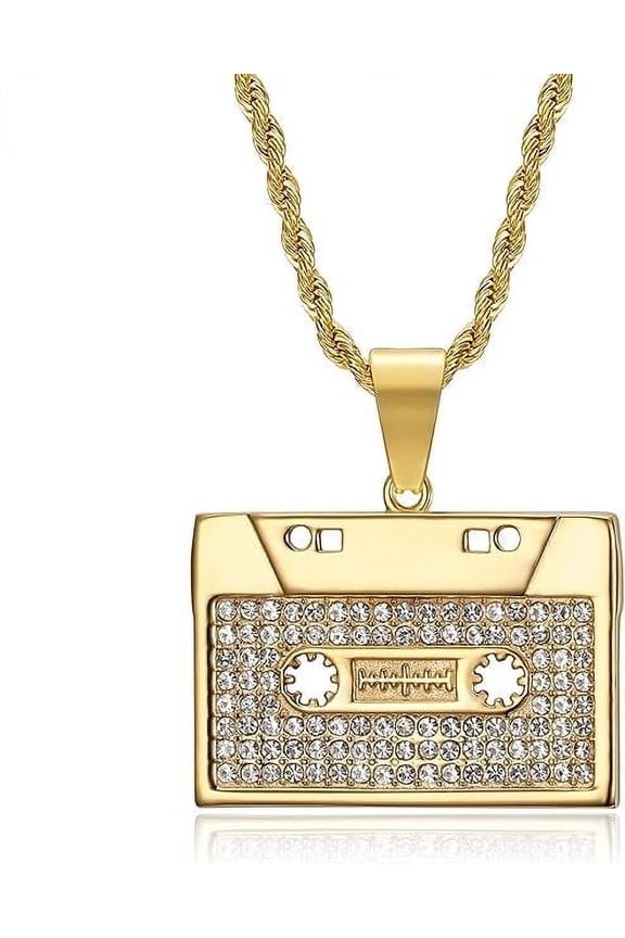 18K Gold Plated Vintage Tape Pendant 24'' Chain Hip Hop Music Cassette Stainless Steel Rock Necklace for Men