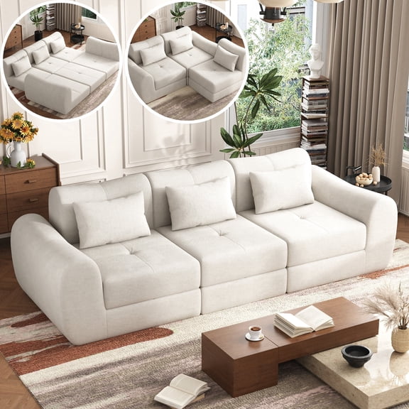 102" Modular Sectional Sofa with 3 Pillows, 3-Seat Cloud Couch for Living Room, Modern Chenille Deep Seat Sofa Set, Flexible Oversized Sleeper Couches, Beige