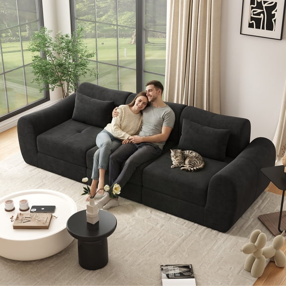 102" Cloud Sectional Couches for Living Room, Modern Modular Upholstered Sofa, Comfy Cloud Couch with 3 Pillows, black couch