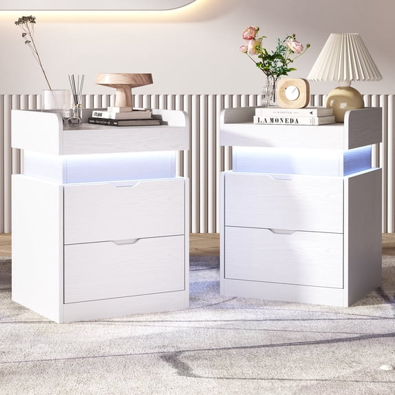 NEGYLIM 2-Piece Bedside Tables with Charging Station & LED Lights, Side Tables with 2 Wooden Drawers & a Sliding Top, Modern Style, Suitable for Bedroom, Living Room, Office