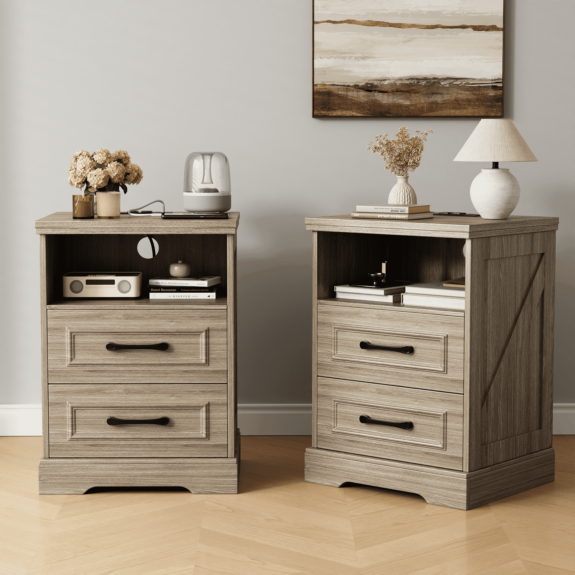 NEGYLIM 2-Piece Nightstand, Farmhouse End Table with Charging Station, 2 Drawers Storage for Bedroom