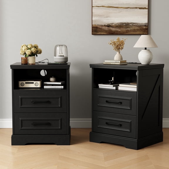NEGYLIM 2-Piece Nightstand, Farmhouse End Table with Charging Station, 2 Drawers Storage for Bedroom, Black