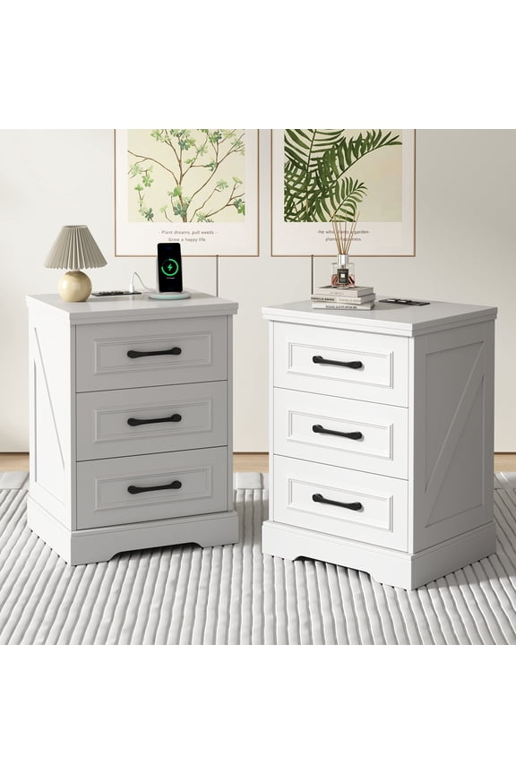 2-Piece Nightstand, Farmhouse End Table with Charging Station, 3 Drawers Storage for Bedroom