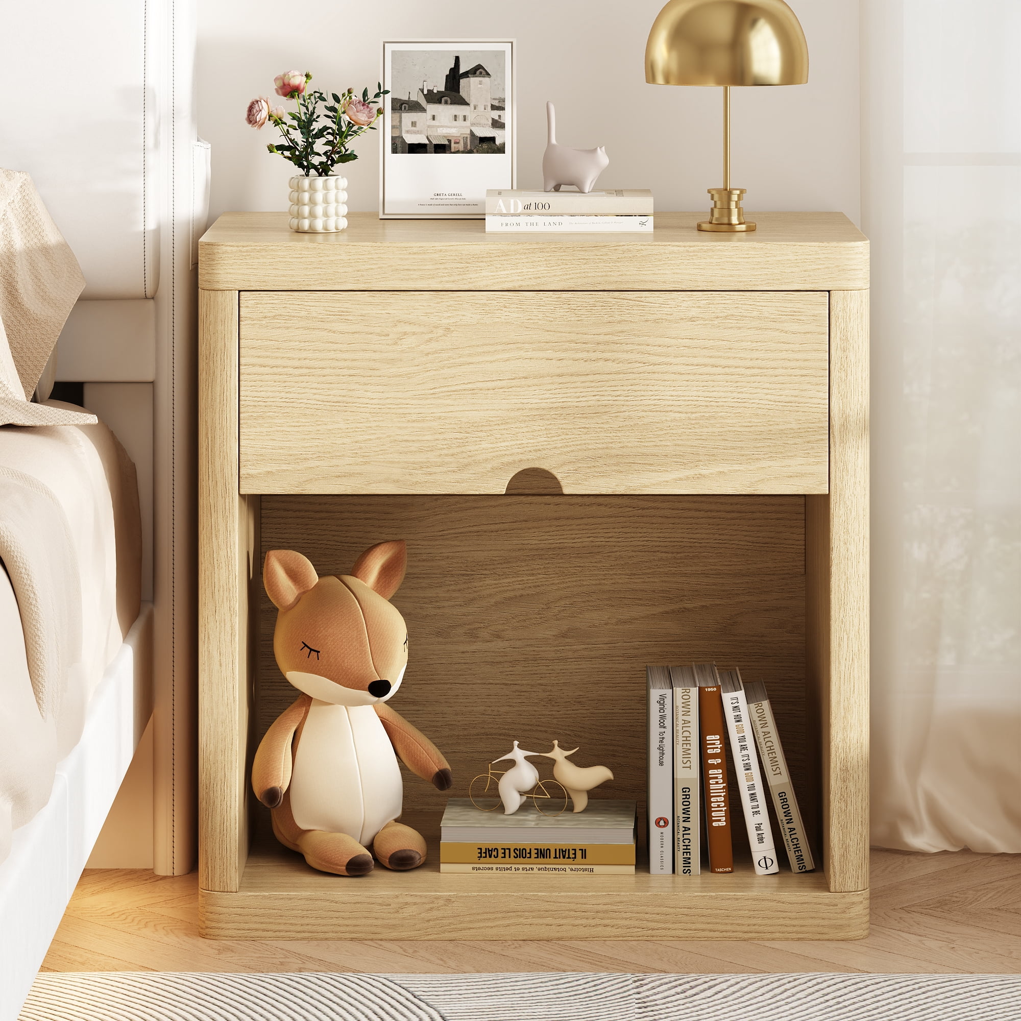 NEGYLIM 24" Wood Nightstand with USB Charging Station, Bedside Table with Safe Rounded Corners & Crescent Handles – Sturdy End Table for Bedroom, Living Room, Nursery (Wood, 1-Piece)