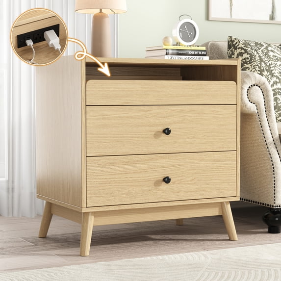 NEGYLIM 3-Drawer Nightstand with Hidden Charging Station, Wood Bedside Table 25" Height x 24" Width, Bedroom Furniture End Table, 1-Pcs
