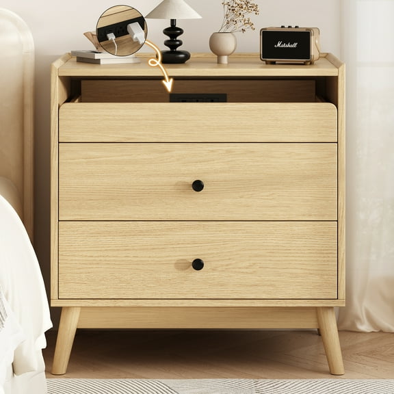 NEGYLIM 3-Drawer Nightstand with Hidden Charging Station, Wood Bedside Table 25" Height x 24" Width, Bedroom Furniture End Table, 1-Pcs