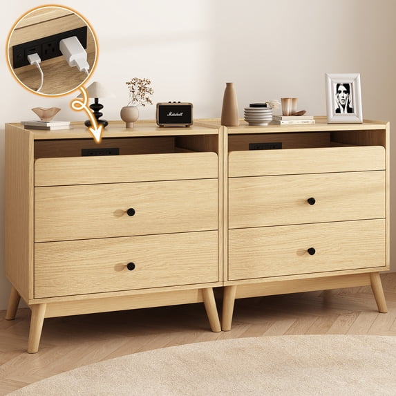 NEGYLIM 3-Drawer Nightstand with Hidden Charging Station, Wood Bedside Table 25" Height x 24" Width, Bedroom Furniture End Table, 2-Pcs