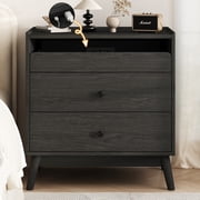 NEGYLIM 3-Drawer Nightstand with Hidden Charging Station, Wood Bedside Table 25" Height x 24" Width, Bedroom Furniture End Table, Black 1-Pcs