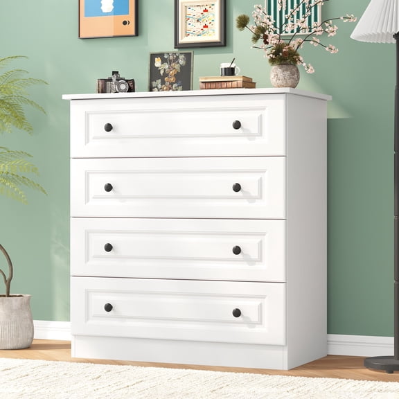 4-Drawer Dresser, 34.6” Tall White Dresser for Bedroom Storage, Hallway Chest with Large Drawers, 29.5” Wide Space Saving Furniture