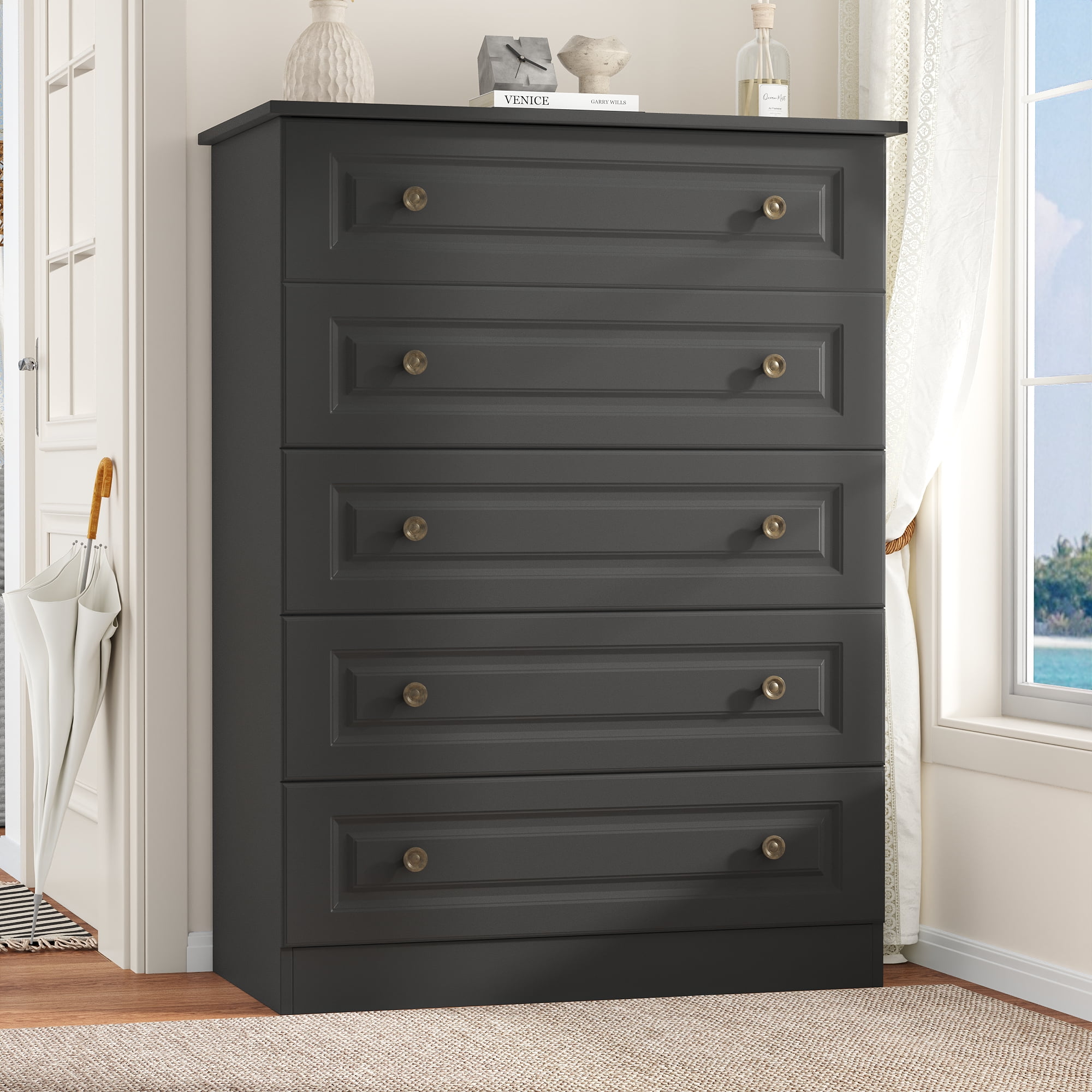 NEGYLIM 5 Drawer Dresser Tall Modern White Chest of Drawers with Anti Tip Large Storage for Bedroom Hallway Entryway White