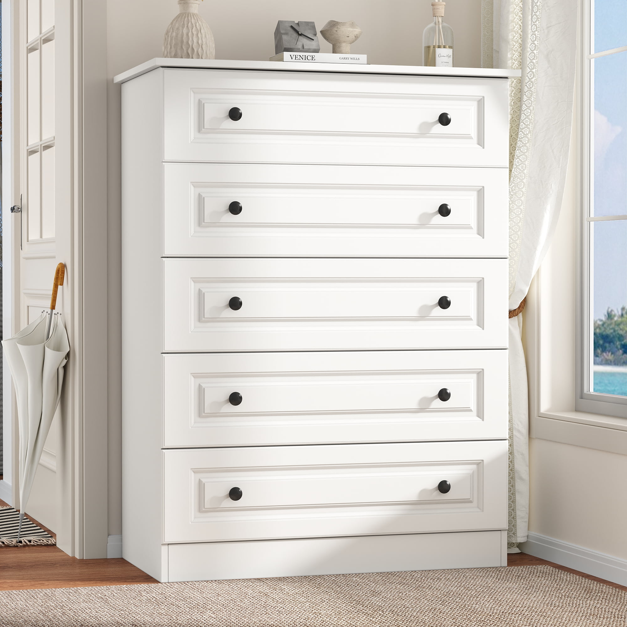 NEGYLIM 5 Drawer Dresser Tall, Modern White Chest of Drawers with Anti-Tip,  Large Storage for Bedroom, Hallway, Entryway, (White)