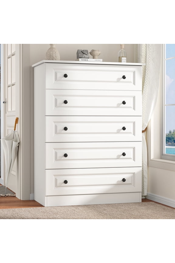 5 Drawer Dresser Tall, Modern White Chest of Drawers with Anti-Tip, Large Storage for Bedroom, Hallway, Entryway, (White)