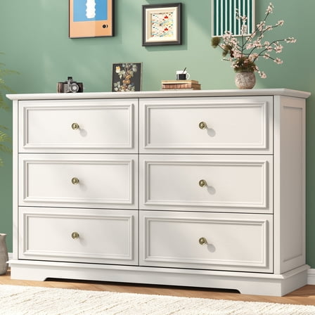 6 Drawer Chest of Drawers, Modern Storage Cabinet Dresser Organizer Unit with Antique Bronze Round Handles for Living Room, Closet, Hallway, Entryway，White