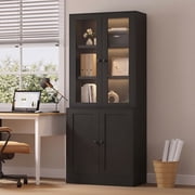 NEGYLIM 71" Bookcase with Glass Door,Display Bookshelves with Charging Station & Adjustable LED Lights,Modern Bookcase for Living Room,Bedroom,Home Office (Blac