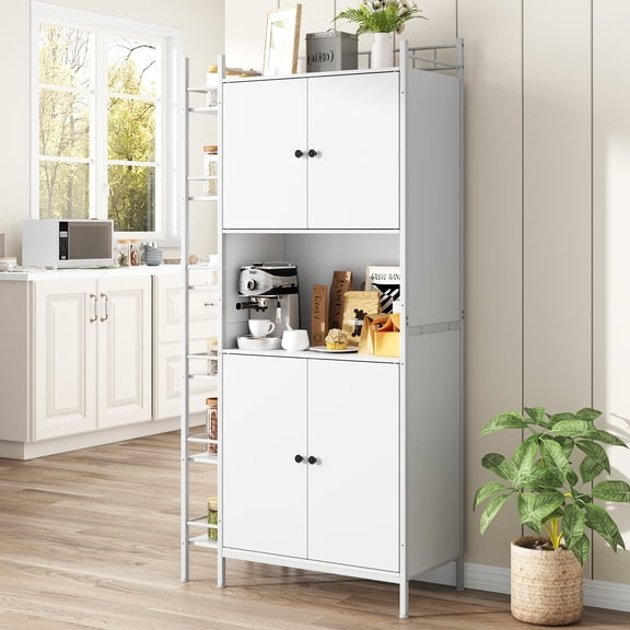 NEGYLIM 71" Kitchen Pantry Storage Cabinet, Freestanding Larder Cupboard, Kitchen Hutch Cabinet with Microwave Stand,Utility Pantry with Doors and Shelves for Dining Room, Living Room, White